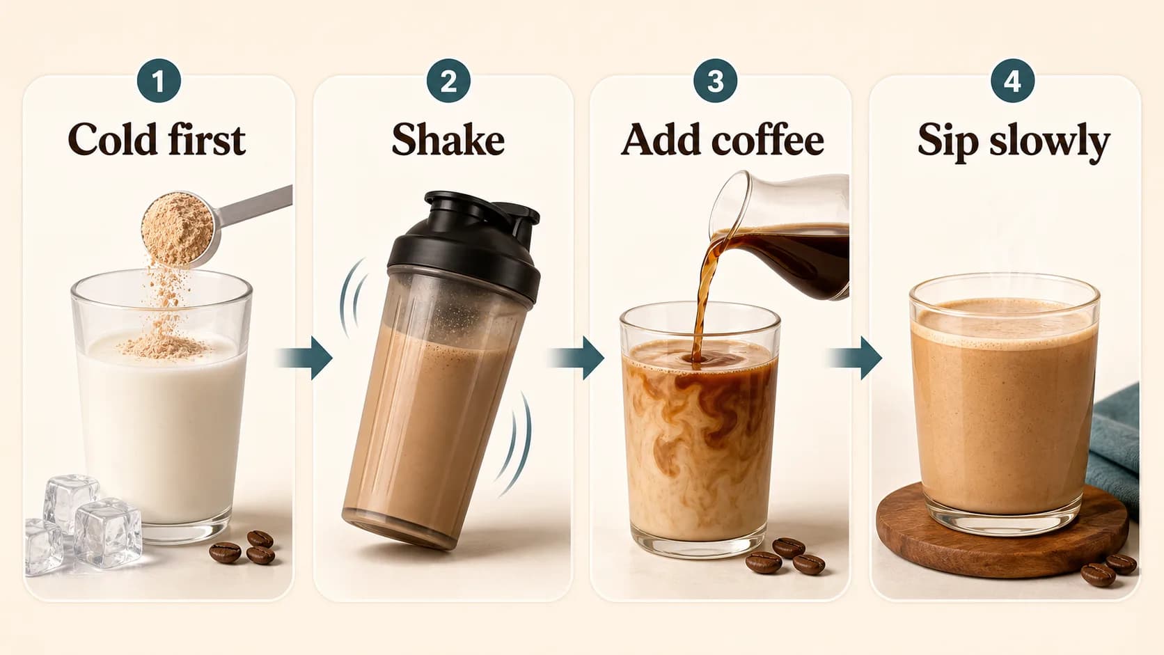 Protein coffee mixing infographic showing cold first, shake, add coffee, and sip slowly