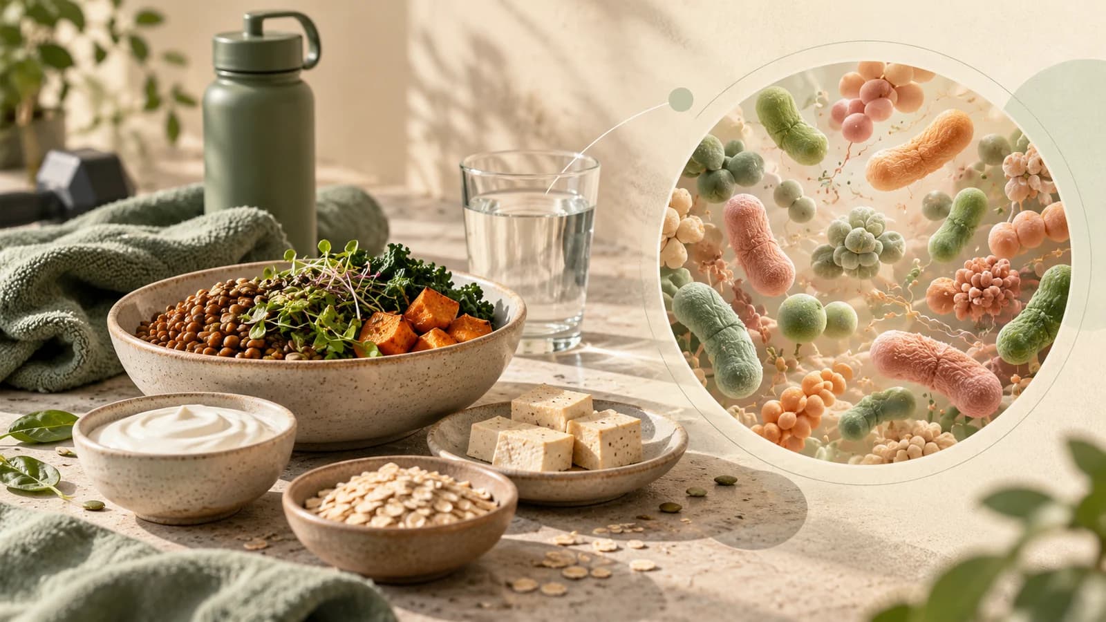 Lentils, yogurt, tofu and oats beside an abstract view of a varied microbial community