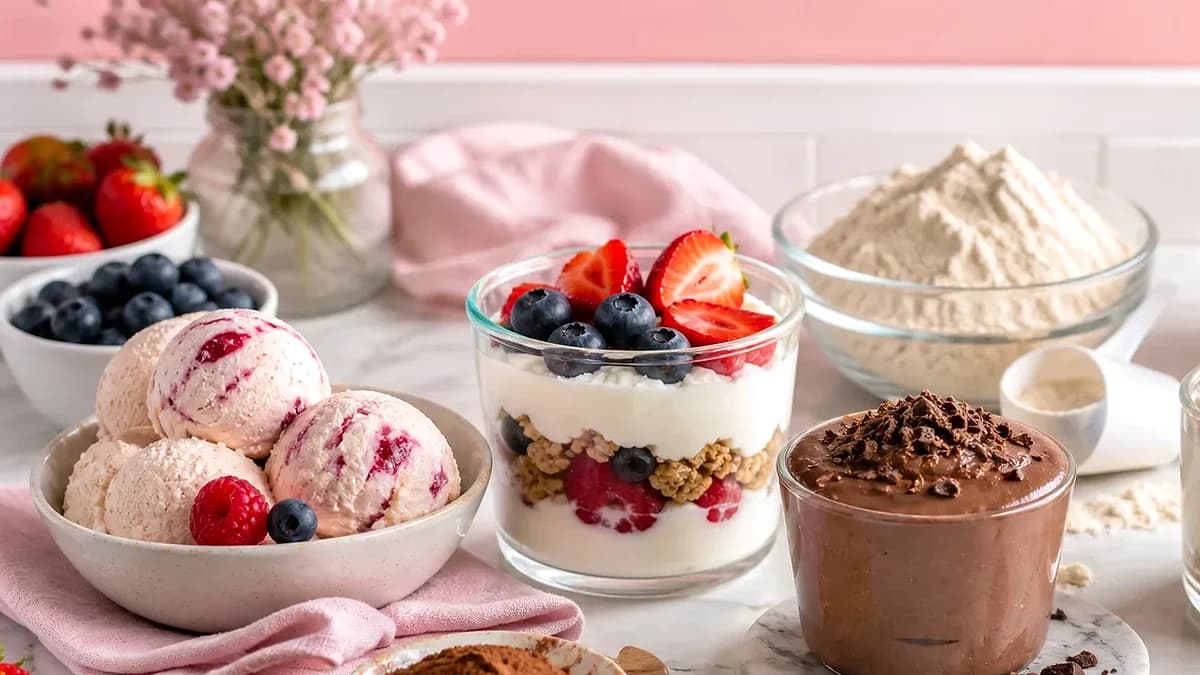 Protein ice cream recipe feature image with berry protein ice cream scoops, Greek yogurt parfait, chocolate protein pudding, berries, cocoa, and protein powder