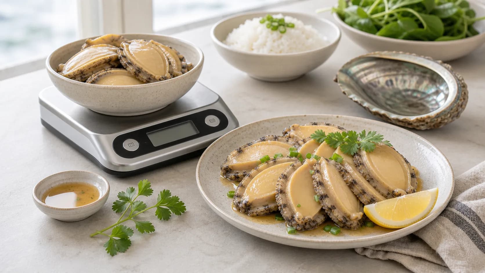 Cooked abalone slices with a shell, kitchen scale, rice, greens, lemon, herbs, and light sauce