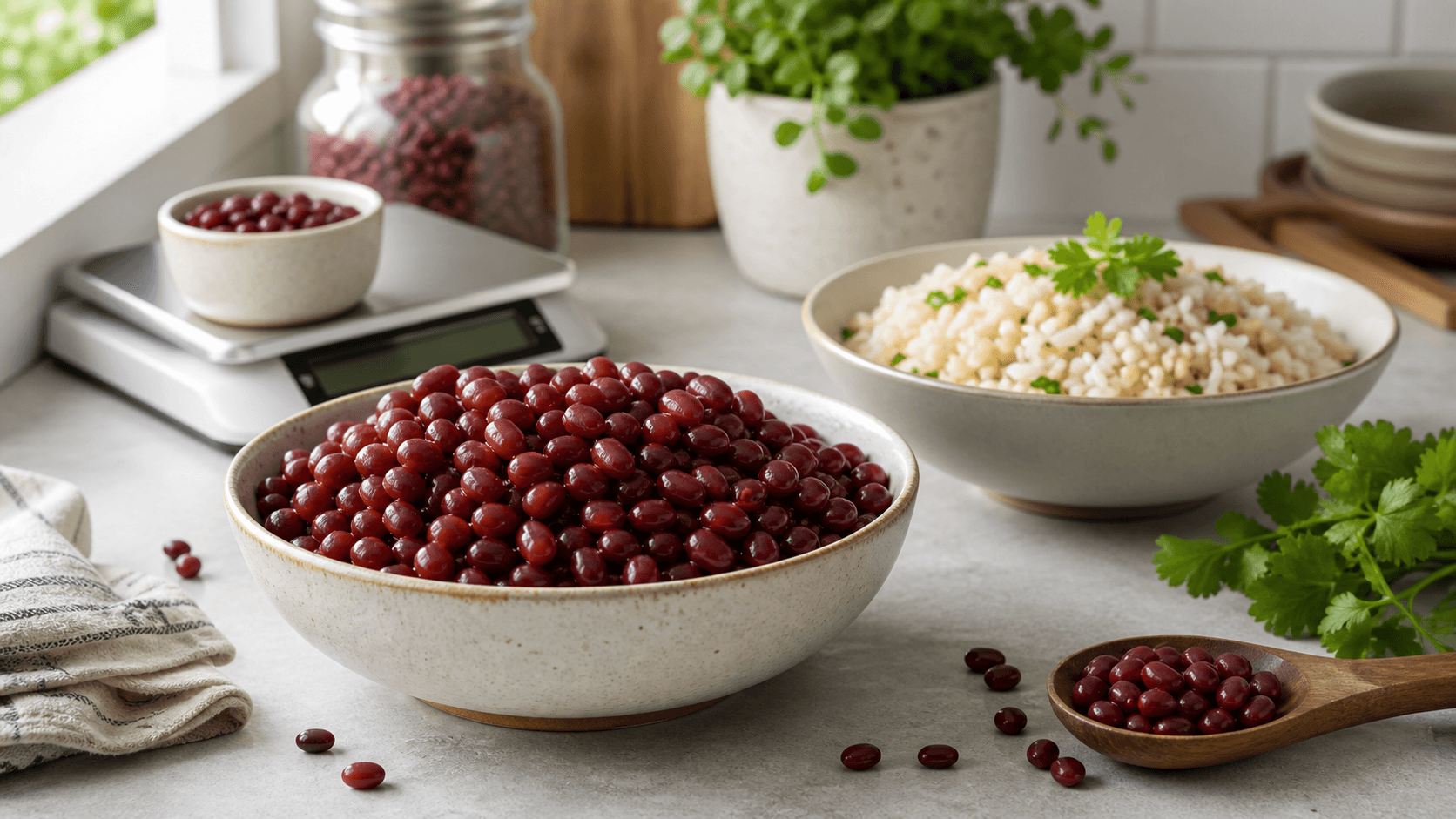 Cooked adzuki beans with a measured serving, kitchen scale, and rice or grain bowl