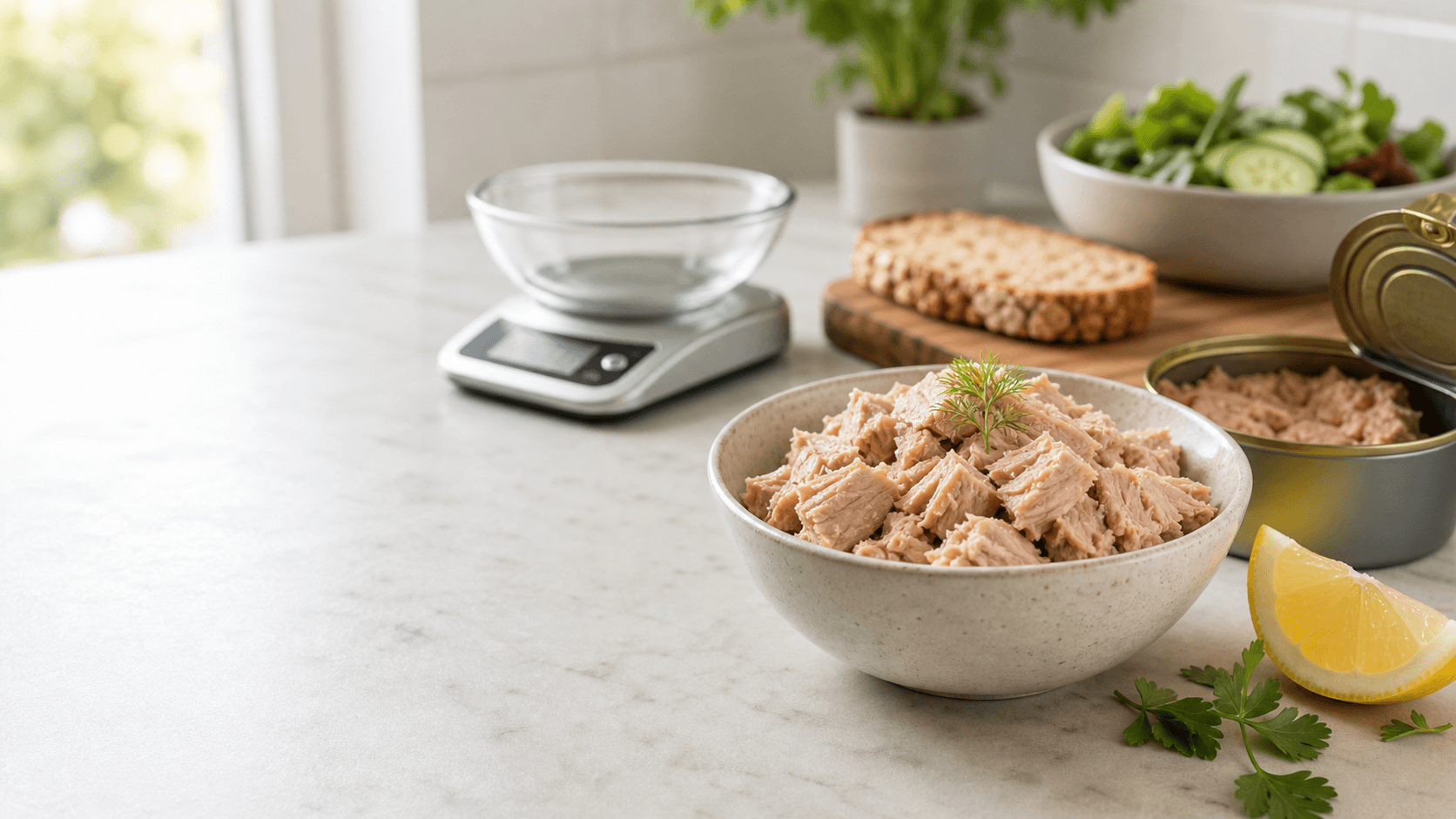 Albacore tuna chunks in a bowl with an opened can, lemon, greens, toast, and a kitchen scale