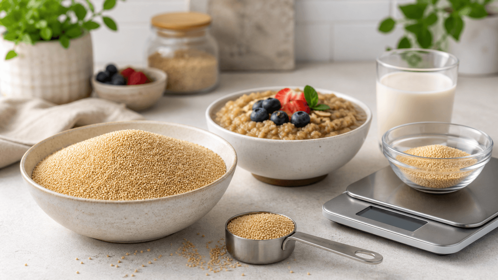 Dry amaranth grain, cooked amaranth porridge, plant milk, and a measured portion on a kitchen scale