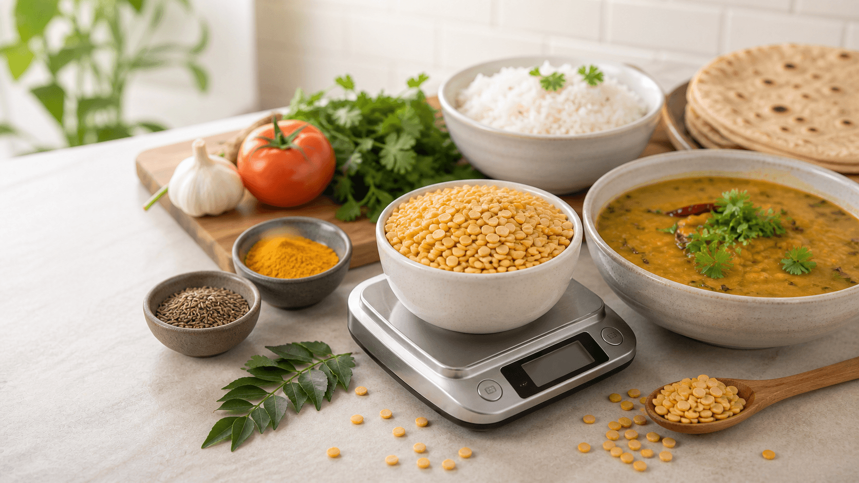 Dry toor dal on a kitchen scale with cooked dal, rice, roti, turmeric, cumin, and curry leaves