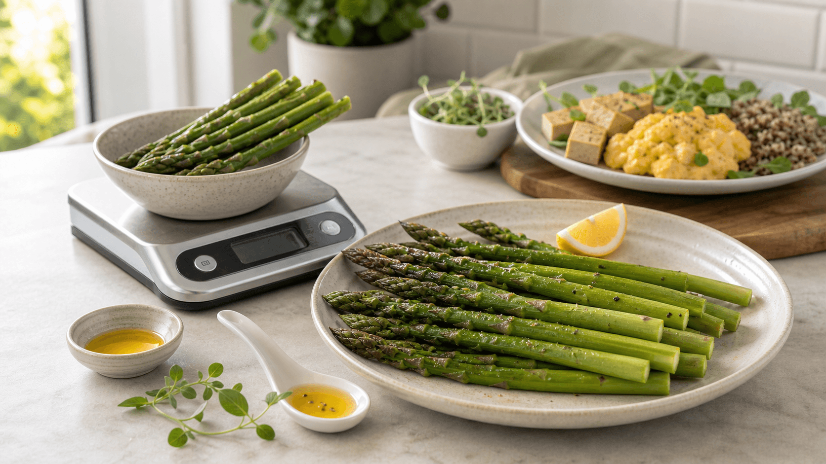 Cooked asparagus spears on a plate with a kitchen scale, lemon, herbs, olive oil, tofu, eggs, and grains