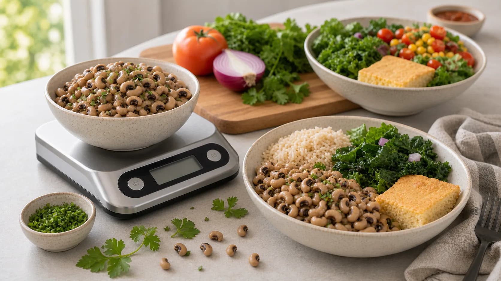 Cooked black-eyed peas on a kitchen scale with rice, cornbread, greens, tomato, onion, and herbs