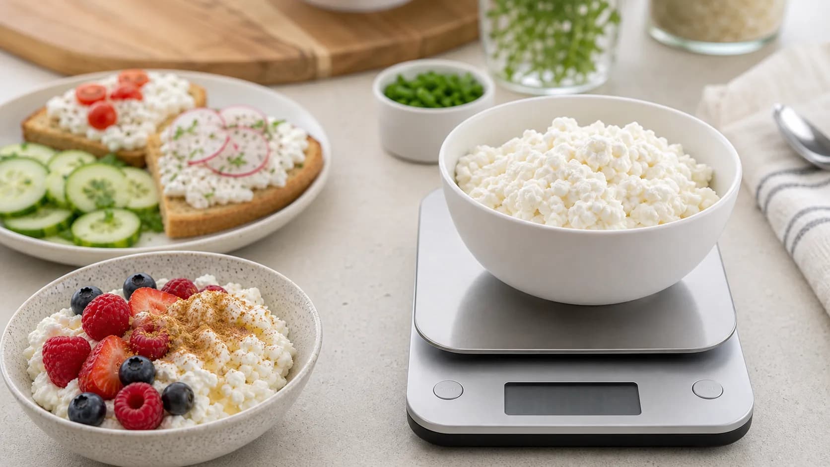 Fresh cottage cheese on a kitchen scale with cottage cheese berry bowl, savory toast, cucumber, herbs, and snack prep context