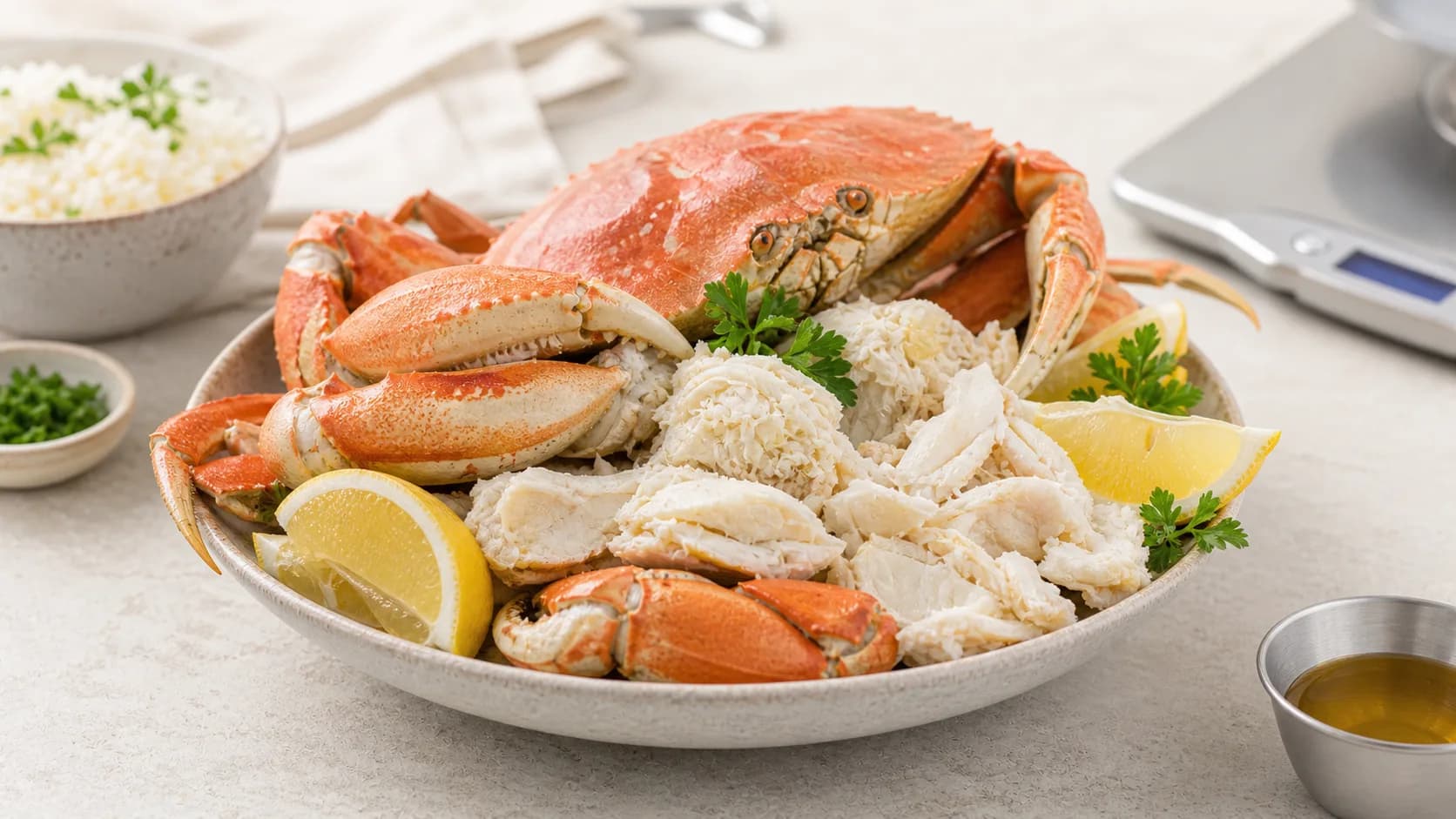 Cooked Dungeness crab meat with crab legs, lemon, parsley, rice, and a kitchen scale for protein tracking