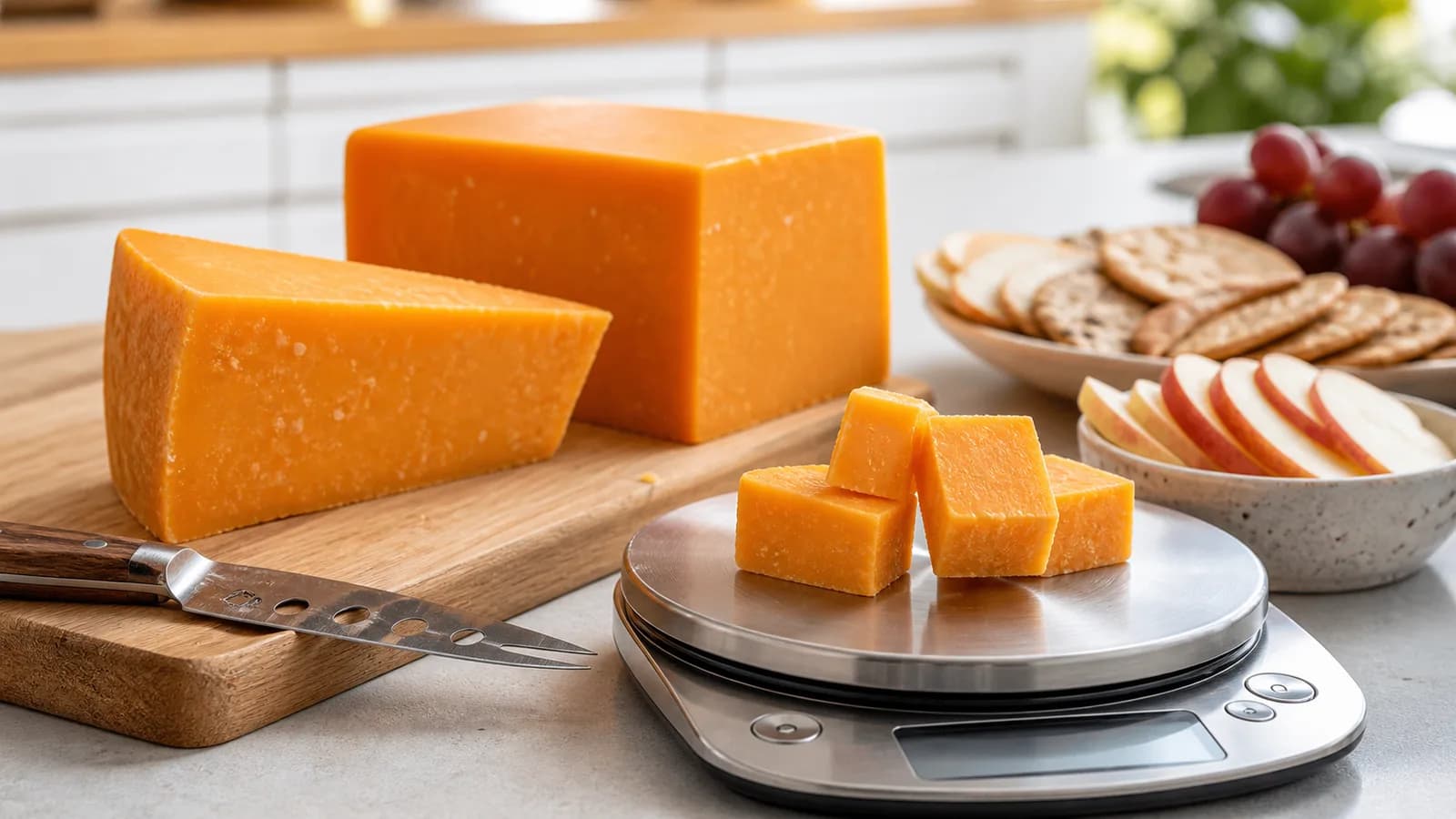 Double Gloucester cheese wedges and measured cubes on a kitchen scale with crackers and fruit in the background