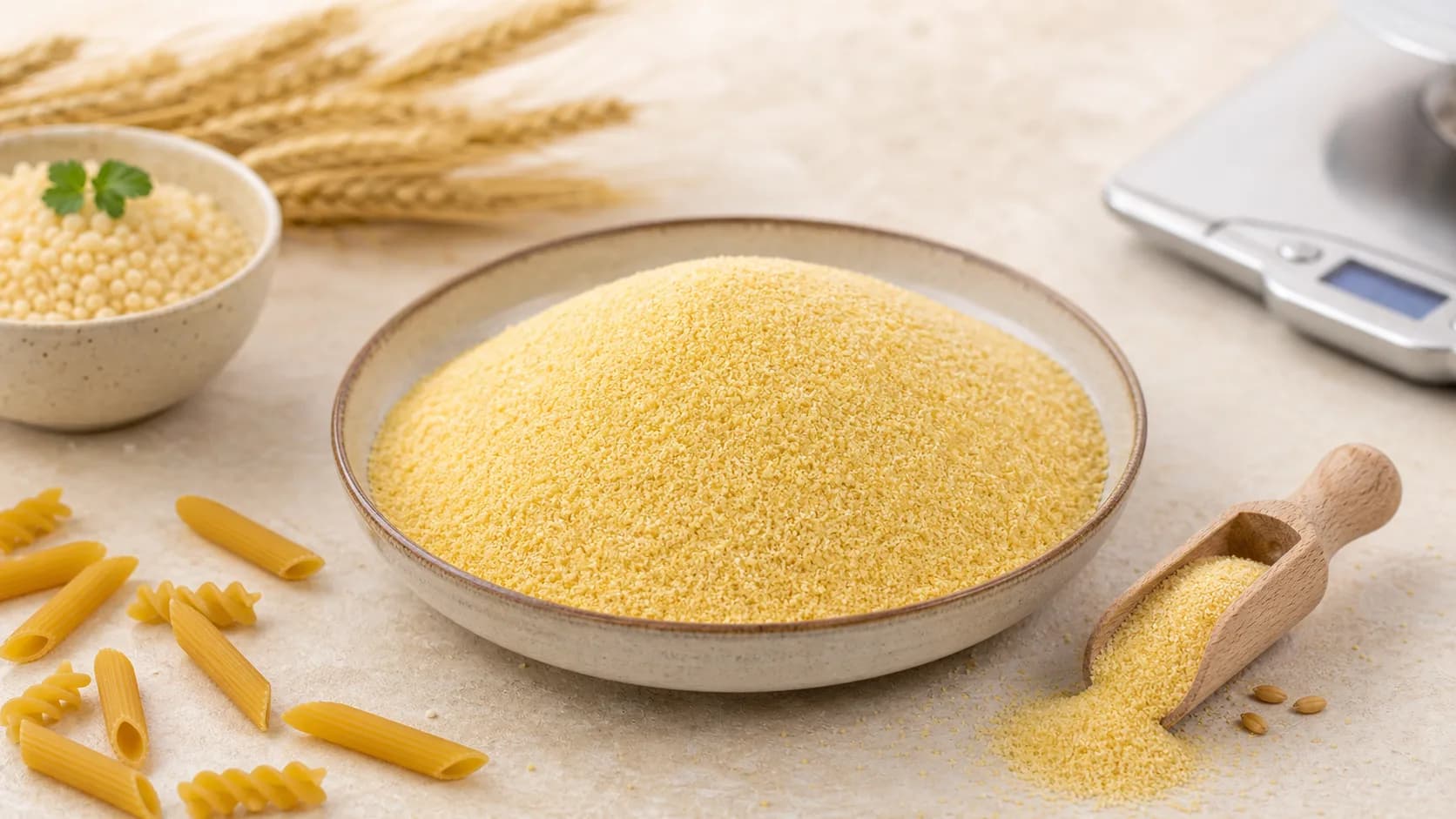 Dry durum wheat semolina in a bowl with pasta pieces, wheat, scoop, and kitchen scale for protein tracking