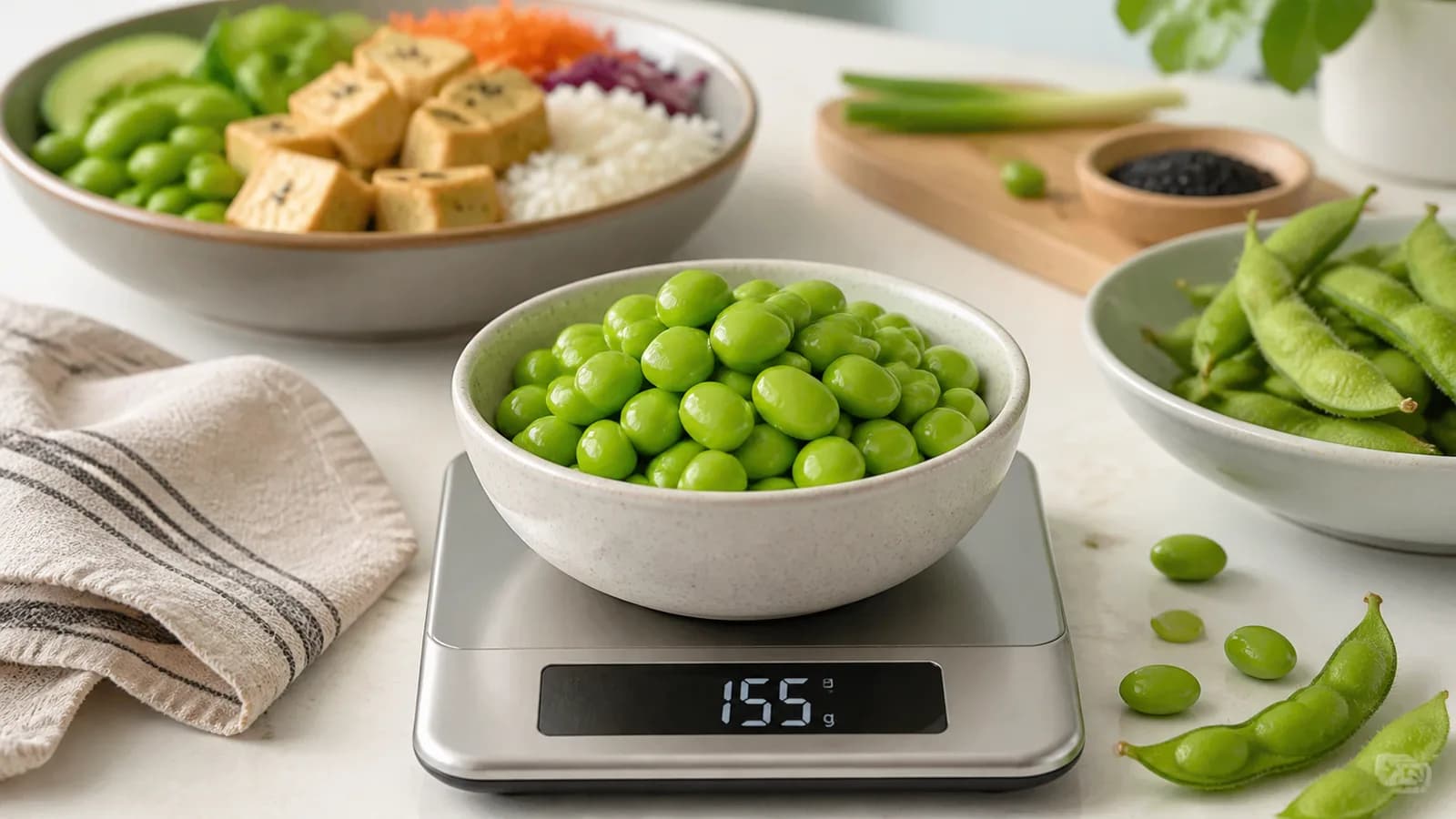 Cooked shelled edamame on a kitchen scale with edamame pods and a tofu rice bowl in the background