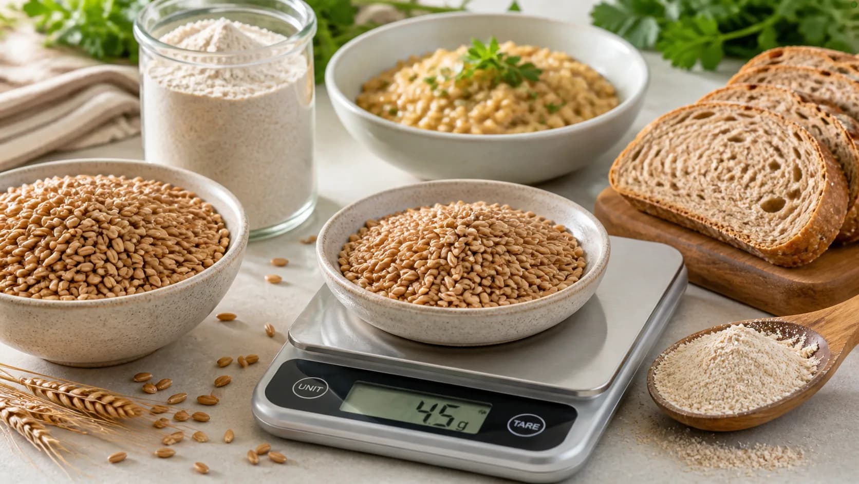 Dry einkorn wheat grains on a kitchen scale with einkorn flour, cooked grain, bread slices, and herbs