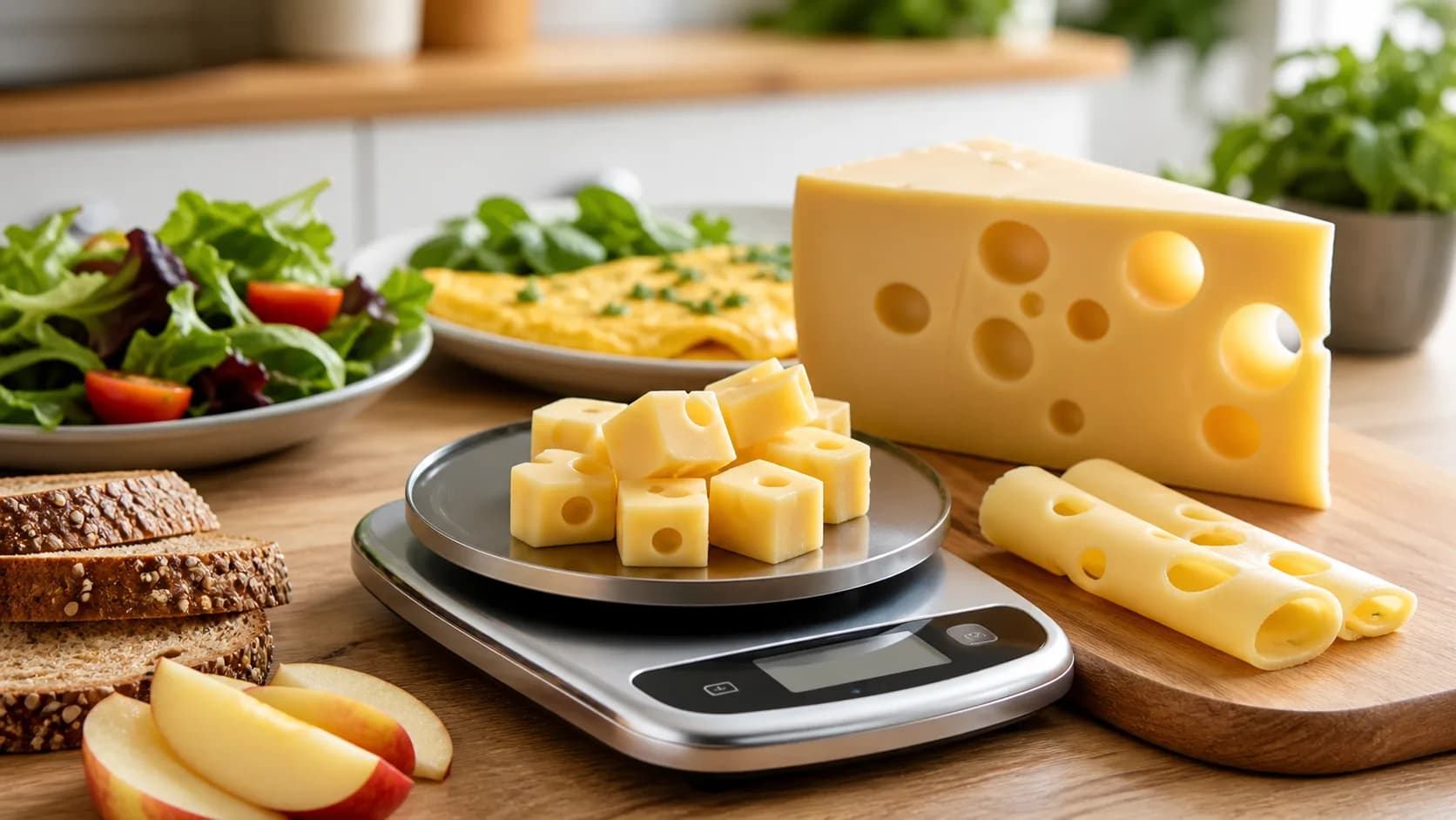 Emmental cheese wedge with holes and measured cubes on a kitchen scale with bread, apple slices, salad, and omelet in the background