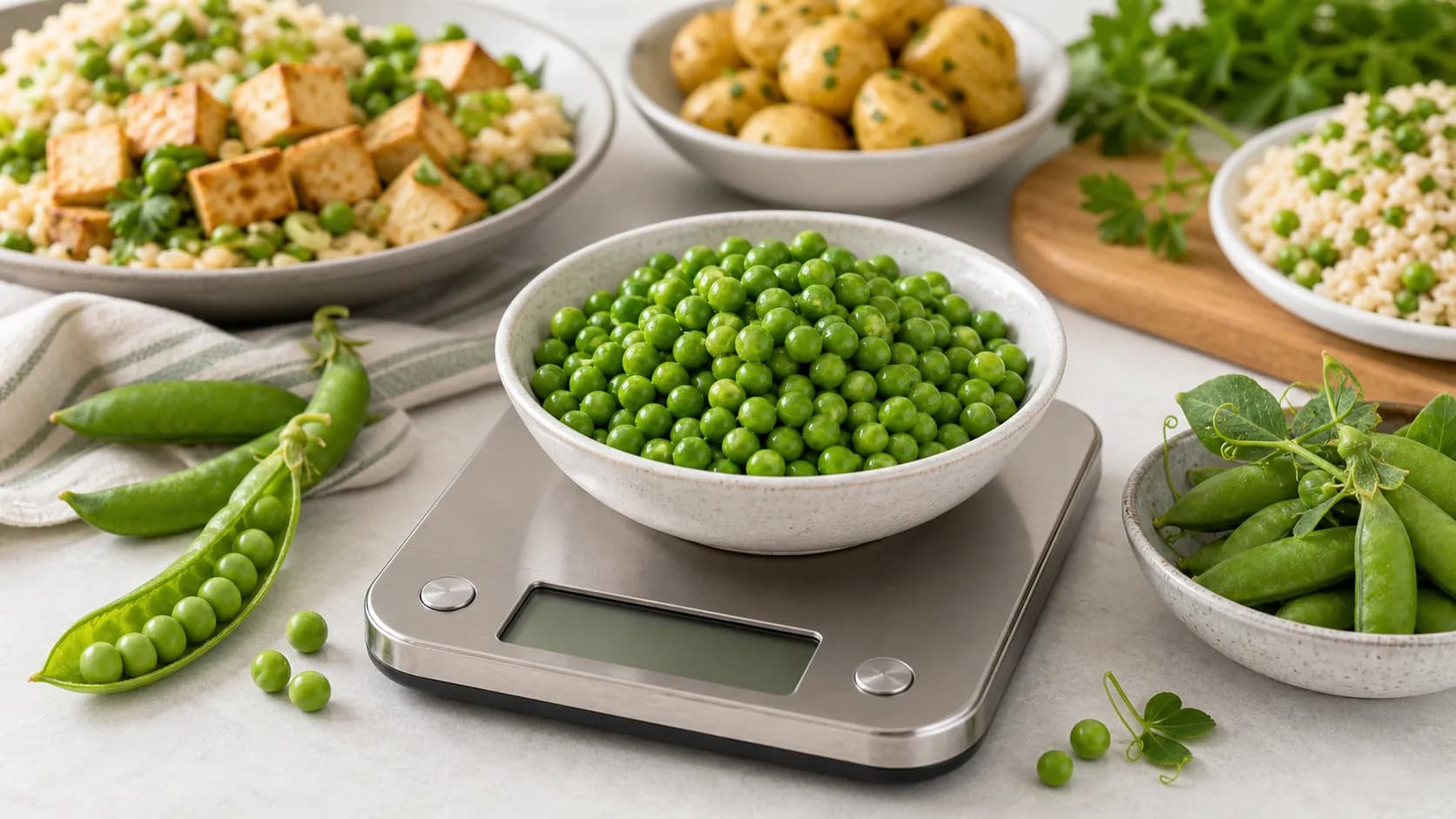Cooked English peas in a bowl on a kitchen scale with pea pods, tofu grain bowl, potatoes, herbs, and rice