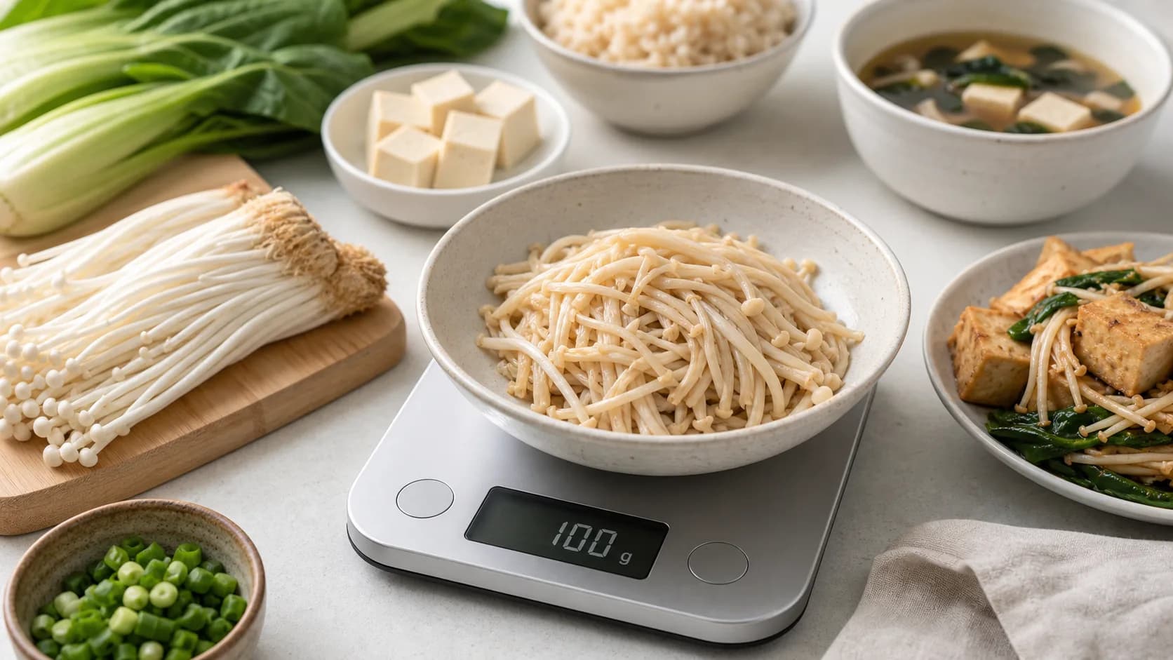 Cooked Enoki mushrooms in a bowl on a kitchen scale with fresh Enoki clusters, tofu, rice, soup, and greens