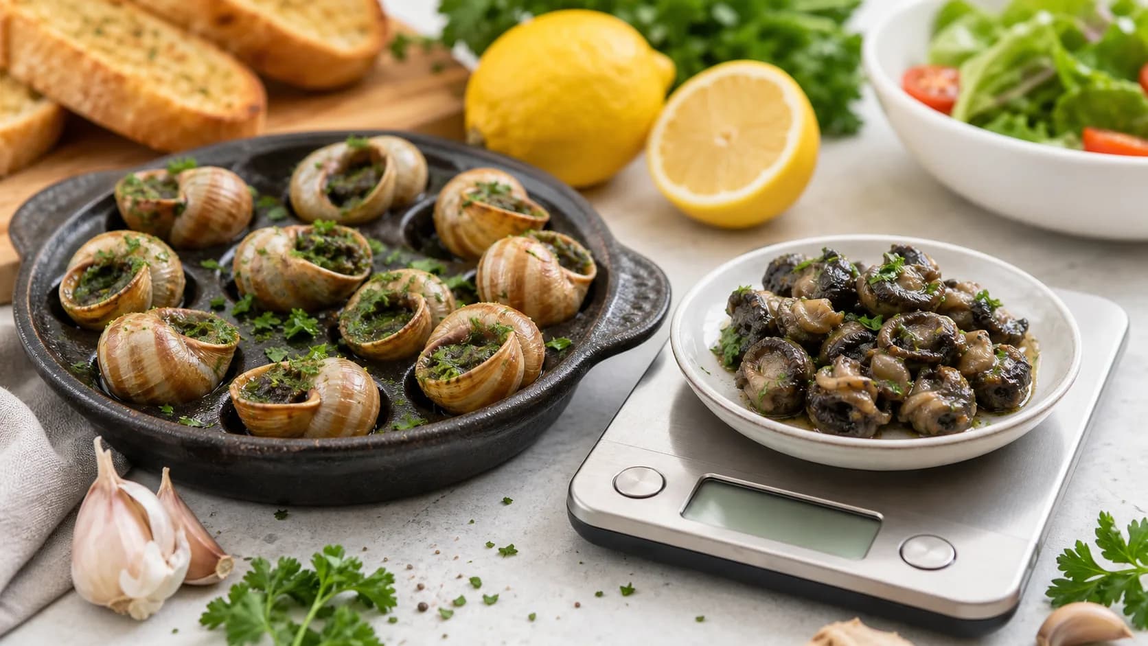 Cooked escargot in shells with cooked snail meat on a kitchen scale, lemon, garlic, parsley, bread, and salad