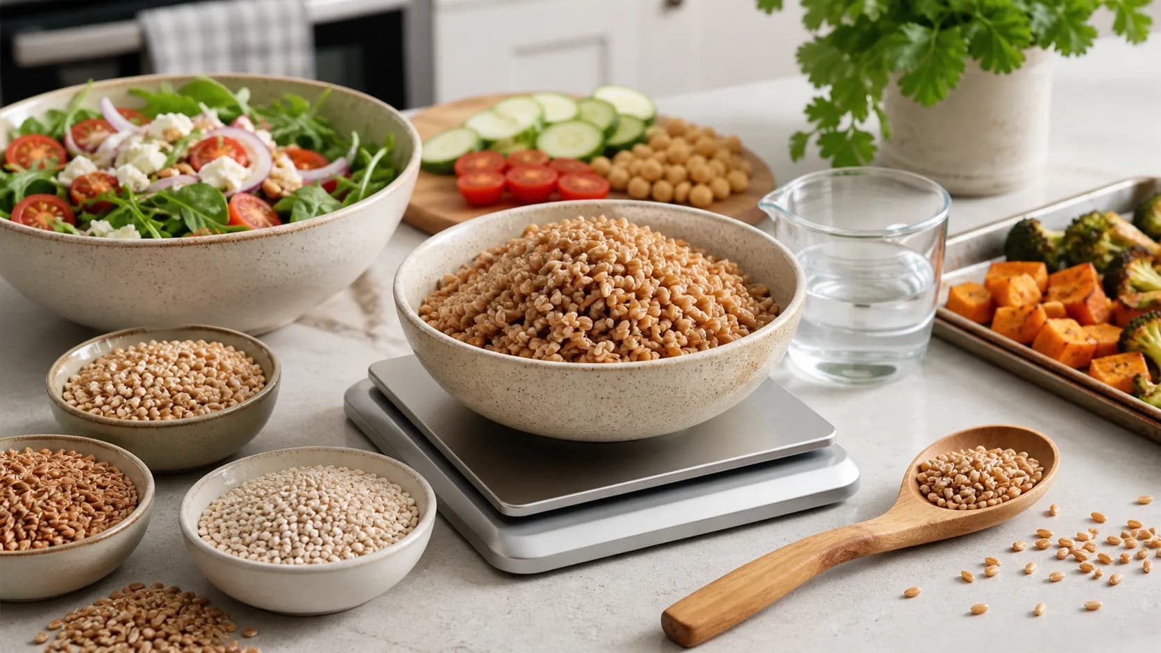 Cooked farro in a bowl on a kitchen scale with dry farro grains, salad ingredients, chickpeas, herbs, and roasted vegetables