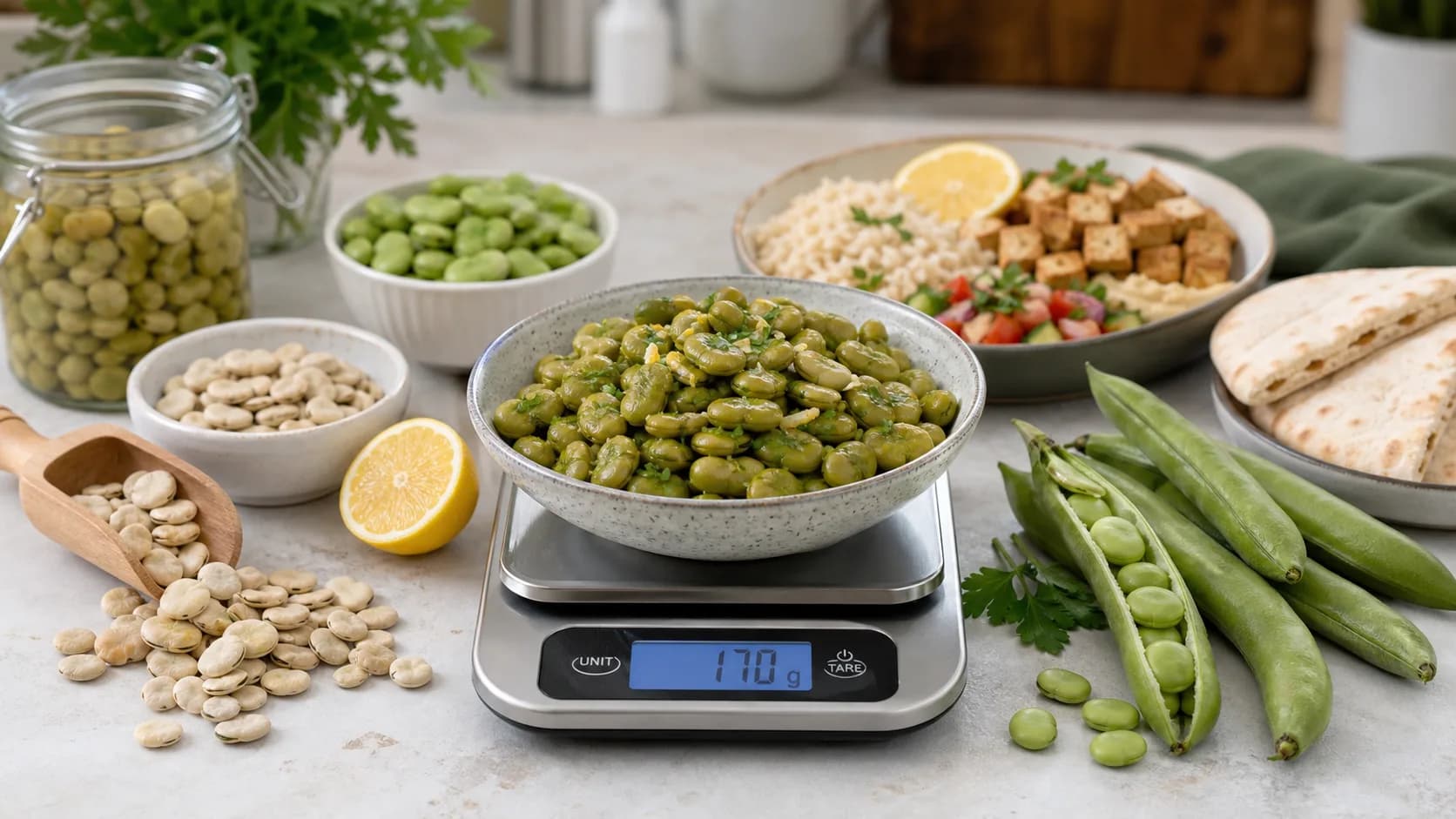 Cooked fava beans or broad beans in a bowl on a kitchen scale showing 170 g with fresh pods, dry beans, lemon, grains, tofu, and pita