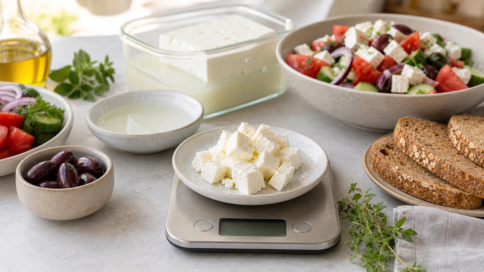Feta cheese cubes on a kitchen scale with a brined feta block, Greek salad, olives, tomatoes, cucumber, herbs, and whole-grain bread