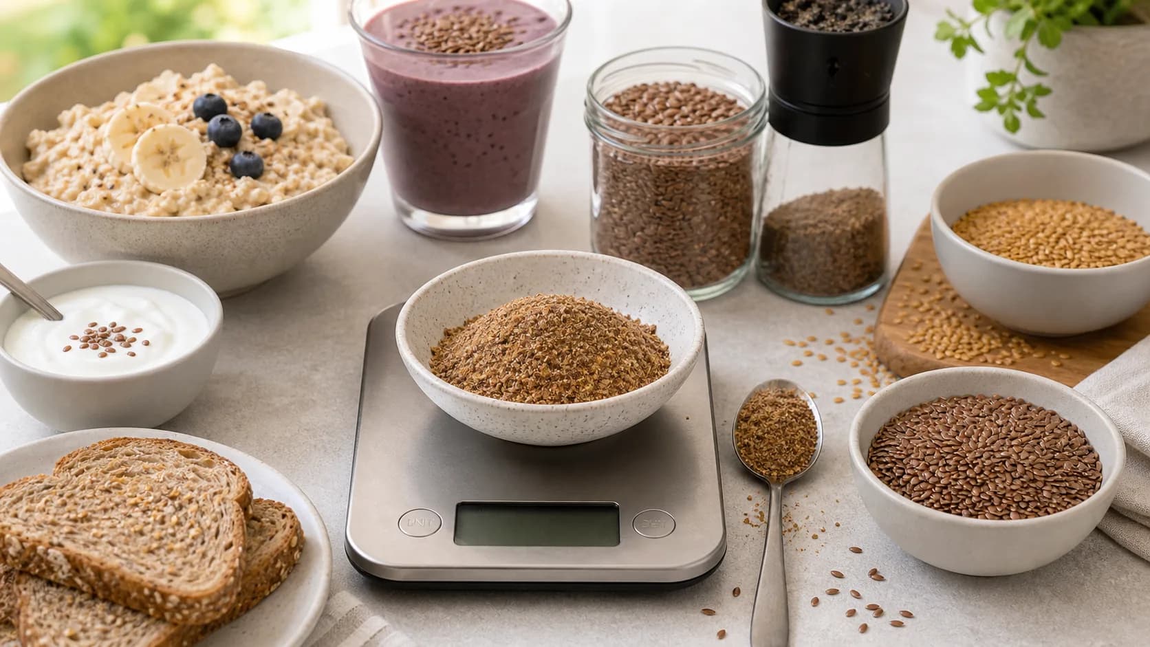 Ground flaxseeds on a kitchen scale with whole brown flaxseeds, golden flaxseeds, grinder, oatmeal, yogurt, smoothie, and whole-grain toast