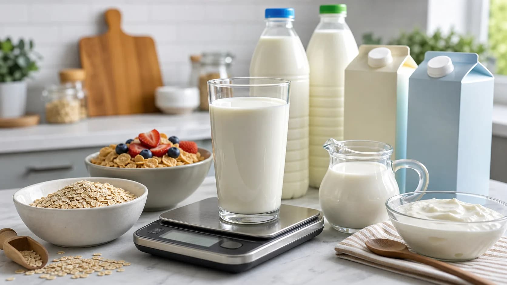Glass of cow milk on a kitchen scale with milk bottles, cartons, oats, cereal, and yogurt in the background