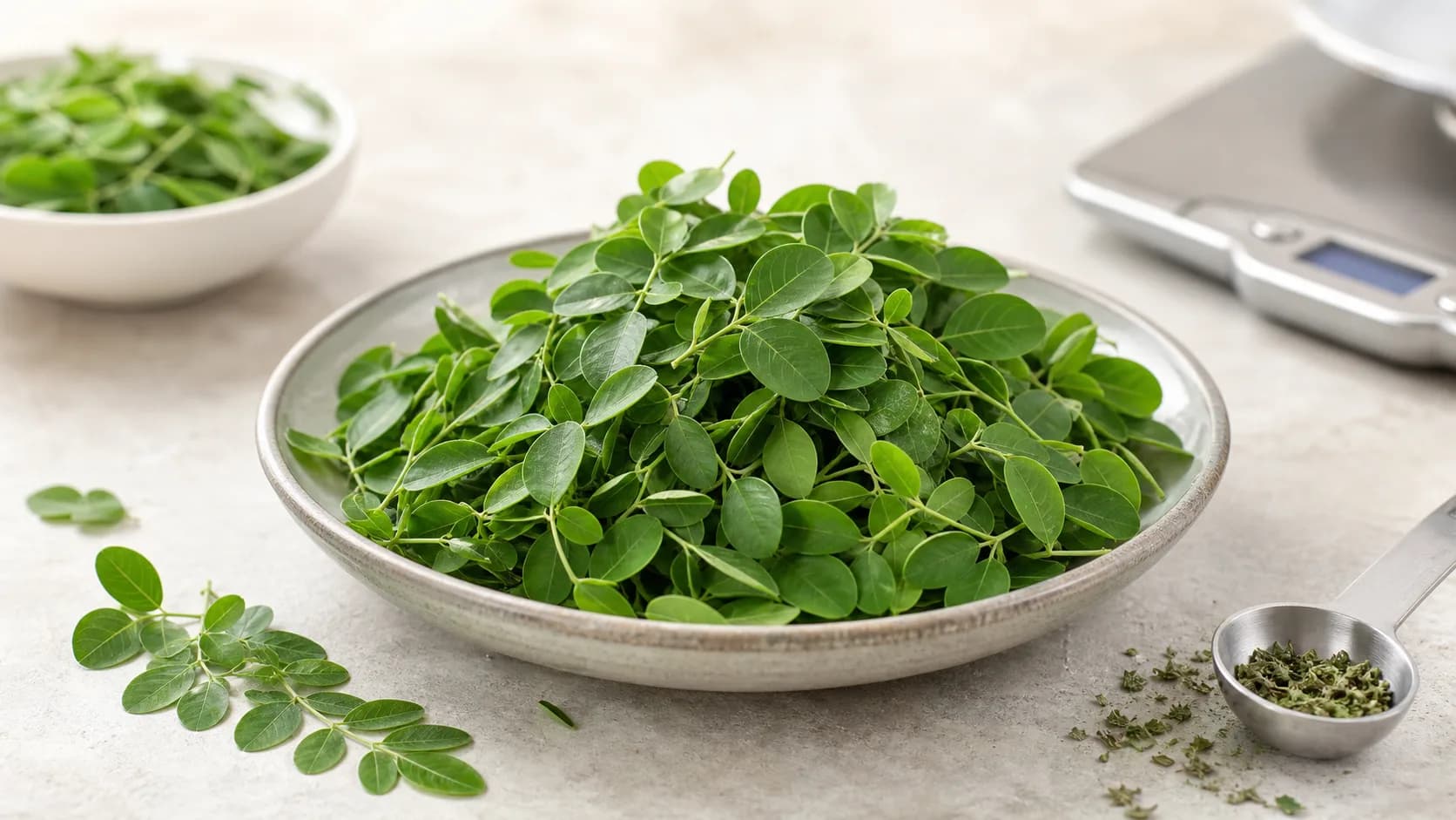 Fresh moringa leaves in a bowl with a kitchen scale and measuring spoon for protein tracking