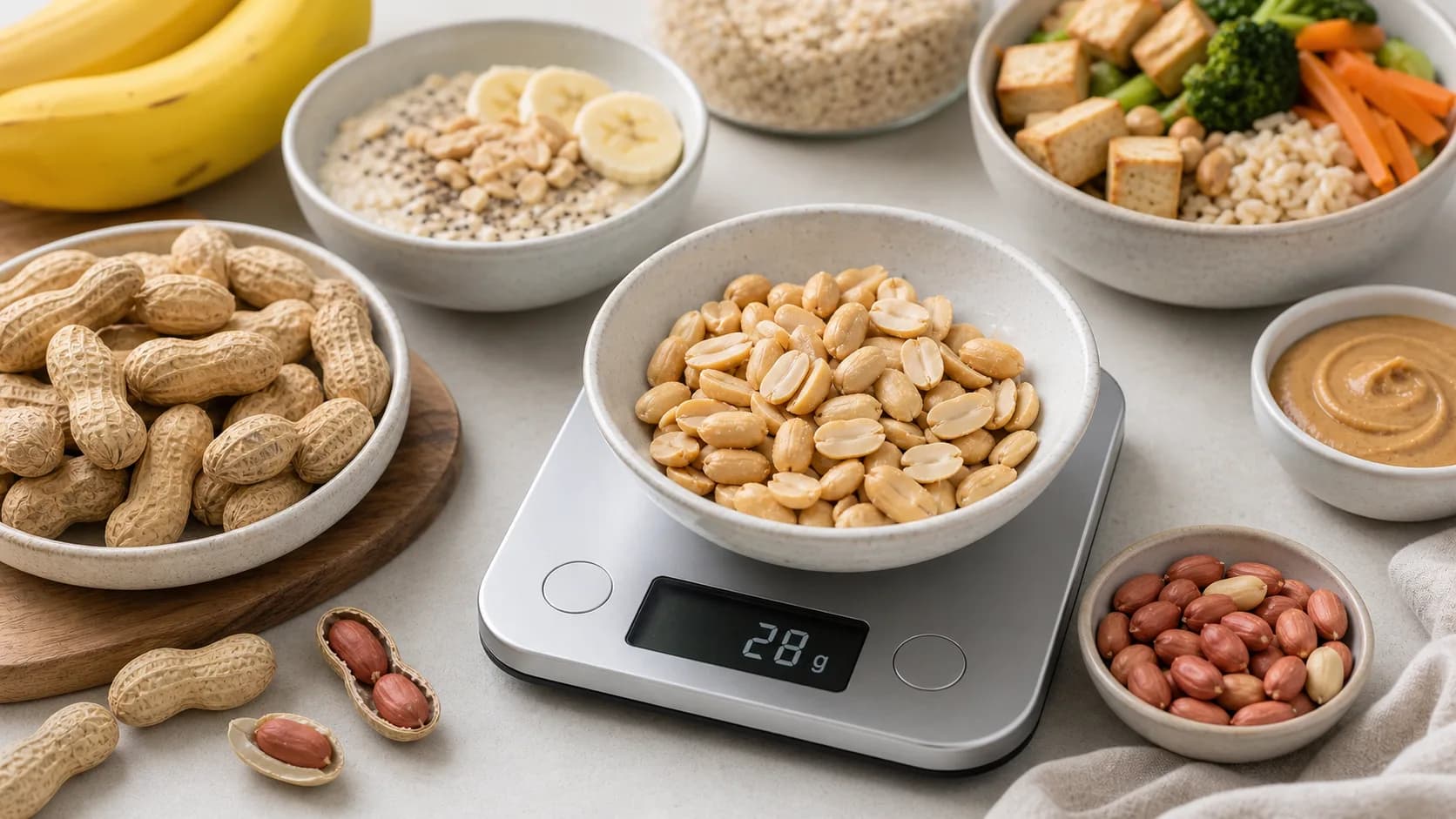 Roasted peanuts in a bowl on a kitchen scale showing 28 g with peanuts in shells, oats, banana, peanut butter, and tofu rice bowl