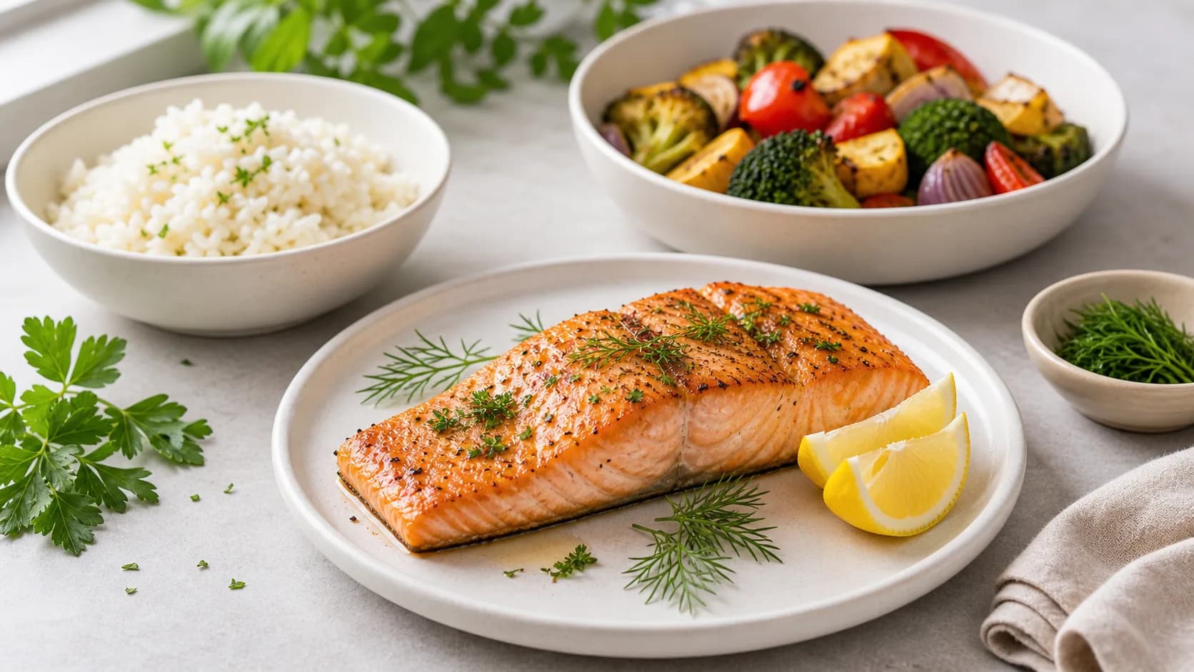 Cooked Atlantic salmon fillet with lemon, herbs, rice, and roasted vegetables