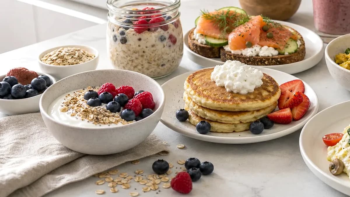 Protein yogurt bowl with Greek yogurt, berries, oats, chia seeds, overnight oats, cottage cheese toast, and protein breakfast ingredients