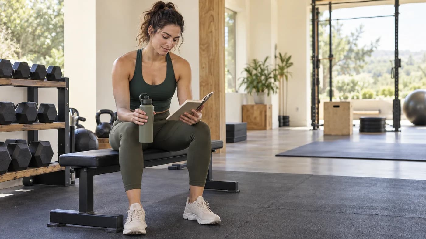 Adult woman in gym wear recovering after a strength training session