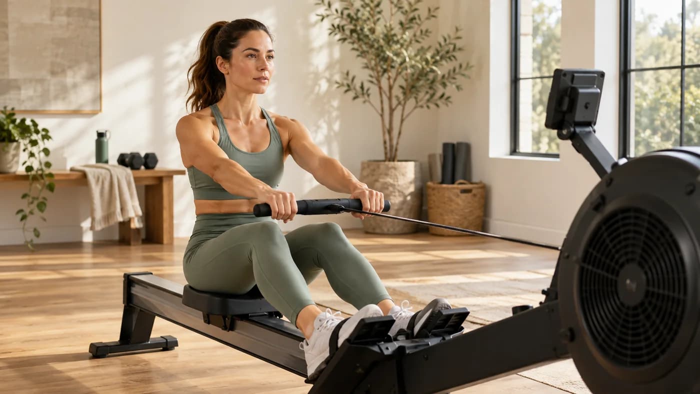 Adult woman in gym wear doing a controlled indoor rowing session