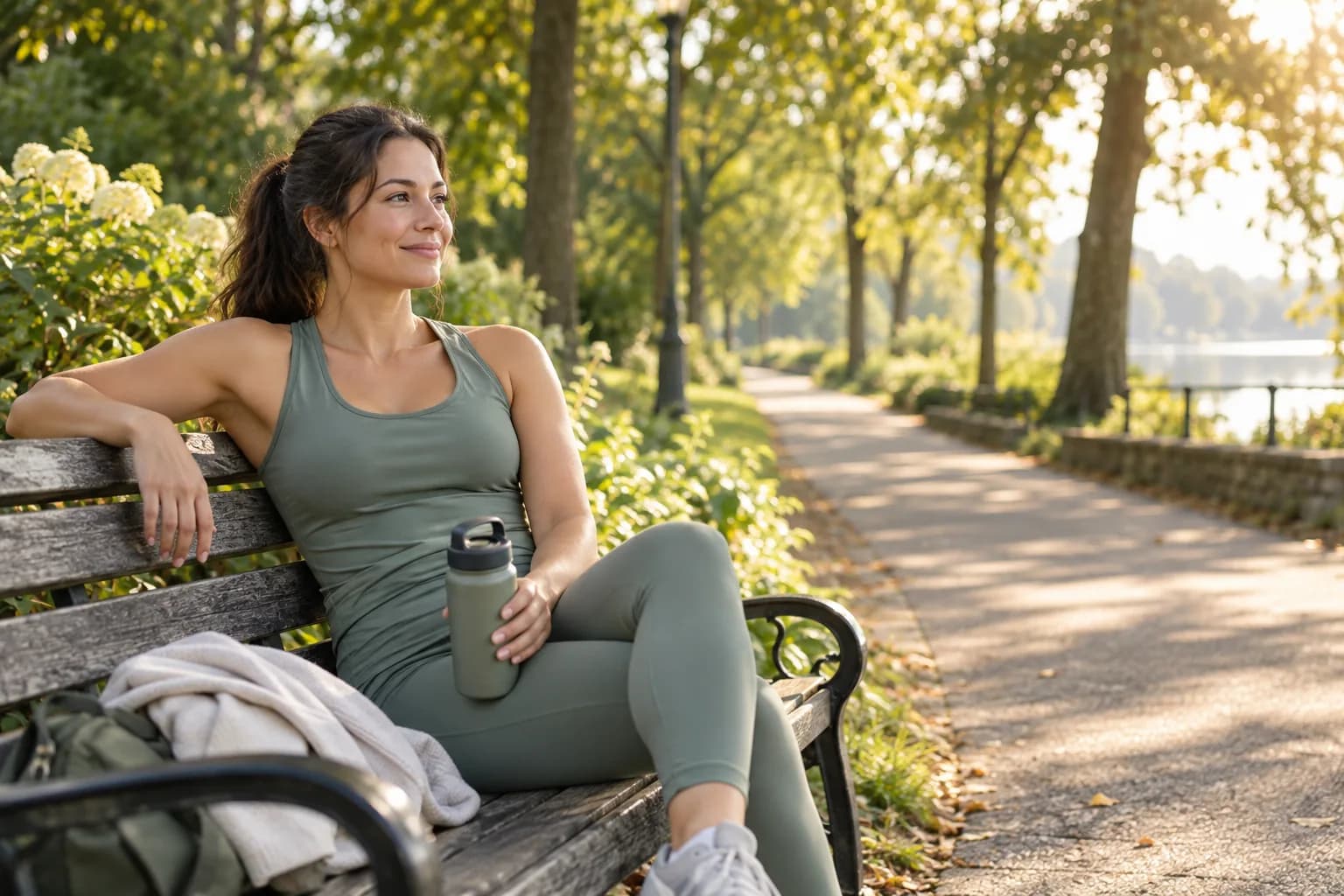 Woman resting on a park bench after a walk