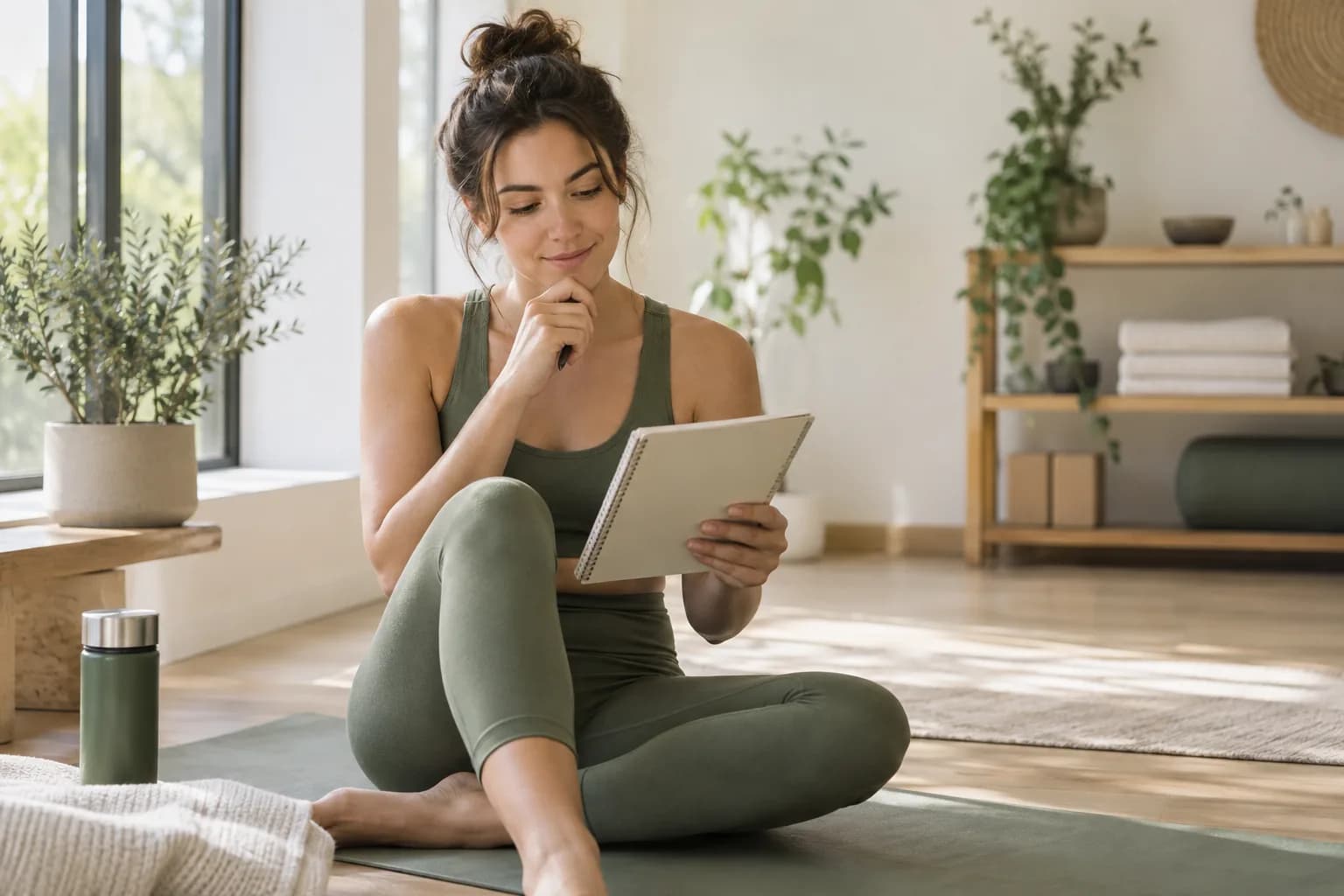 Woman reviewing a blank notebook after a workout