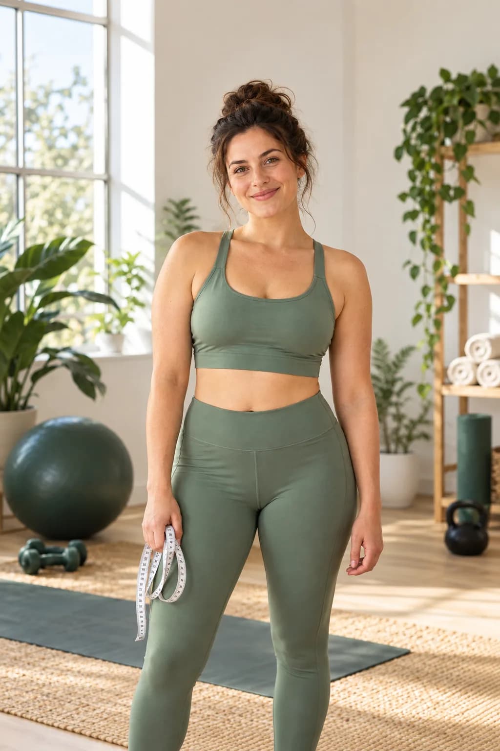Woman in sage activewear holding a measuring tape in a bright home workout space