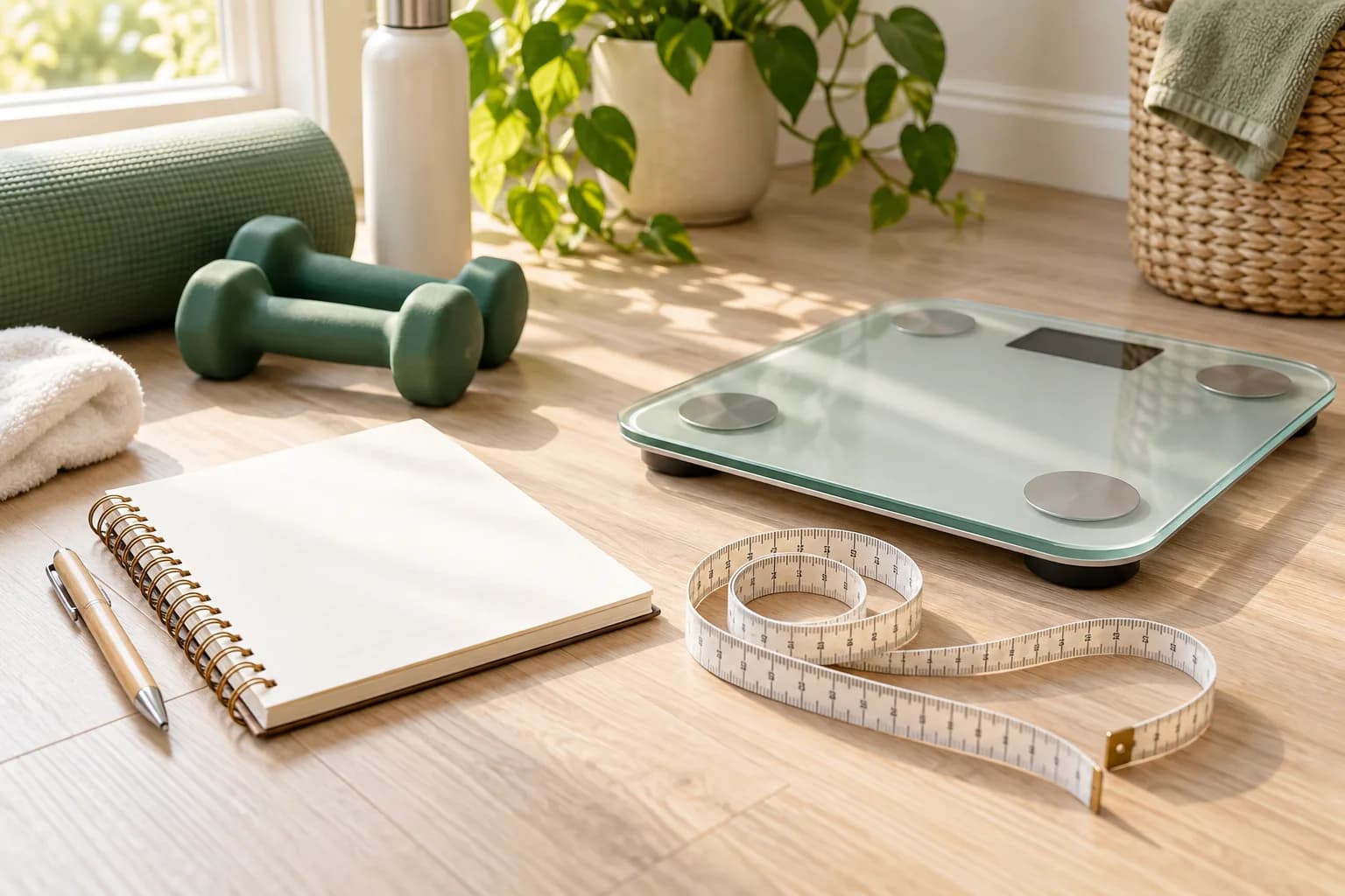 Measuring tape, blank notebook, and bathroom scale arranged in a bright home fitness corner
