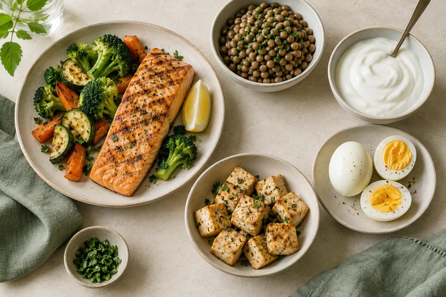 Salmon, lentils, yogurt, eggs and tofu arranged in ceramic dishes
