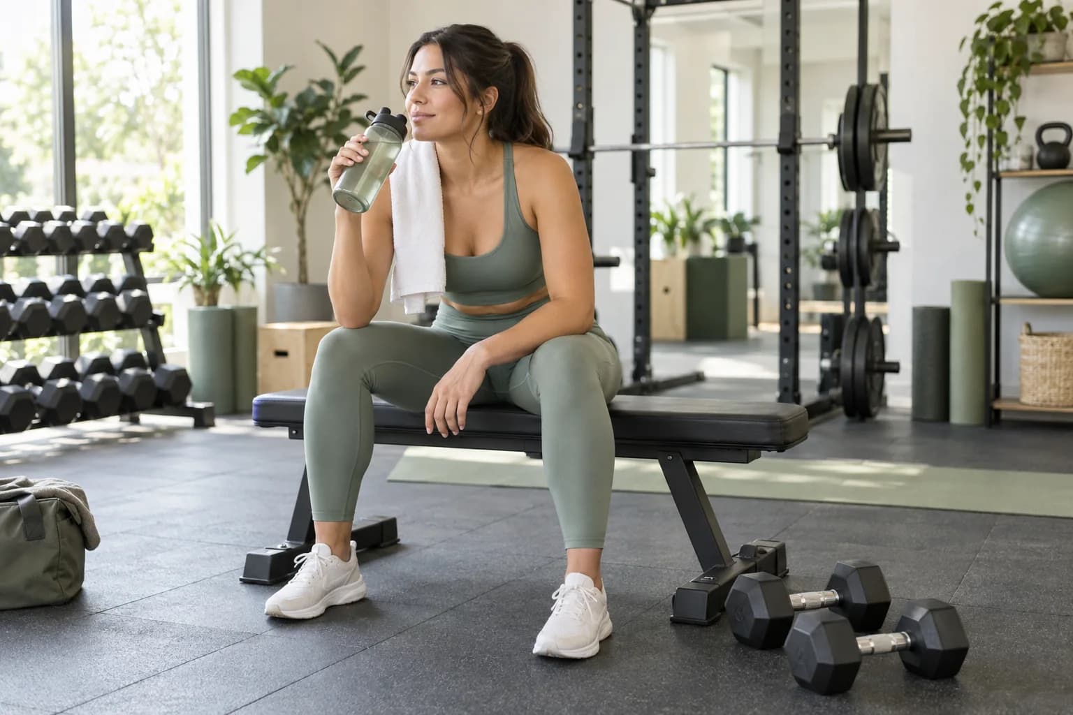 Woman taking a water break on a gym bench beside dumbbells