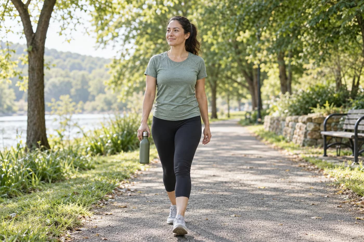 Woman walking along a sunlit park path with a reusable water bottle