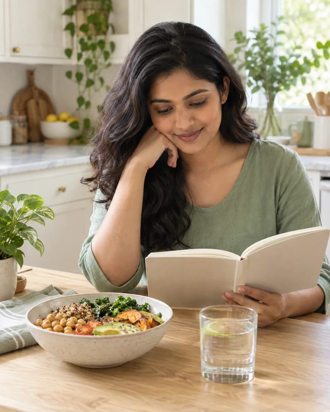 Woman reading an open notebook beside a chickpea, quinoa and vegetable meal in a bright home kitchen