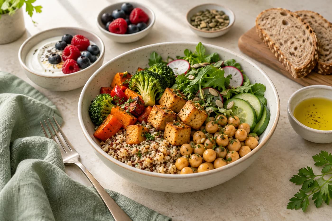Chickpea, tofu, quinoa and vegetable bowl with yogurt, berries and wholegrain bread