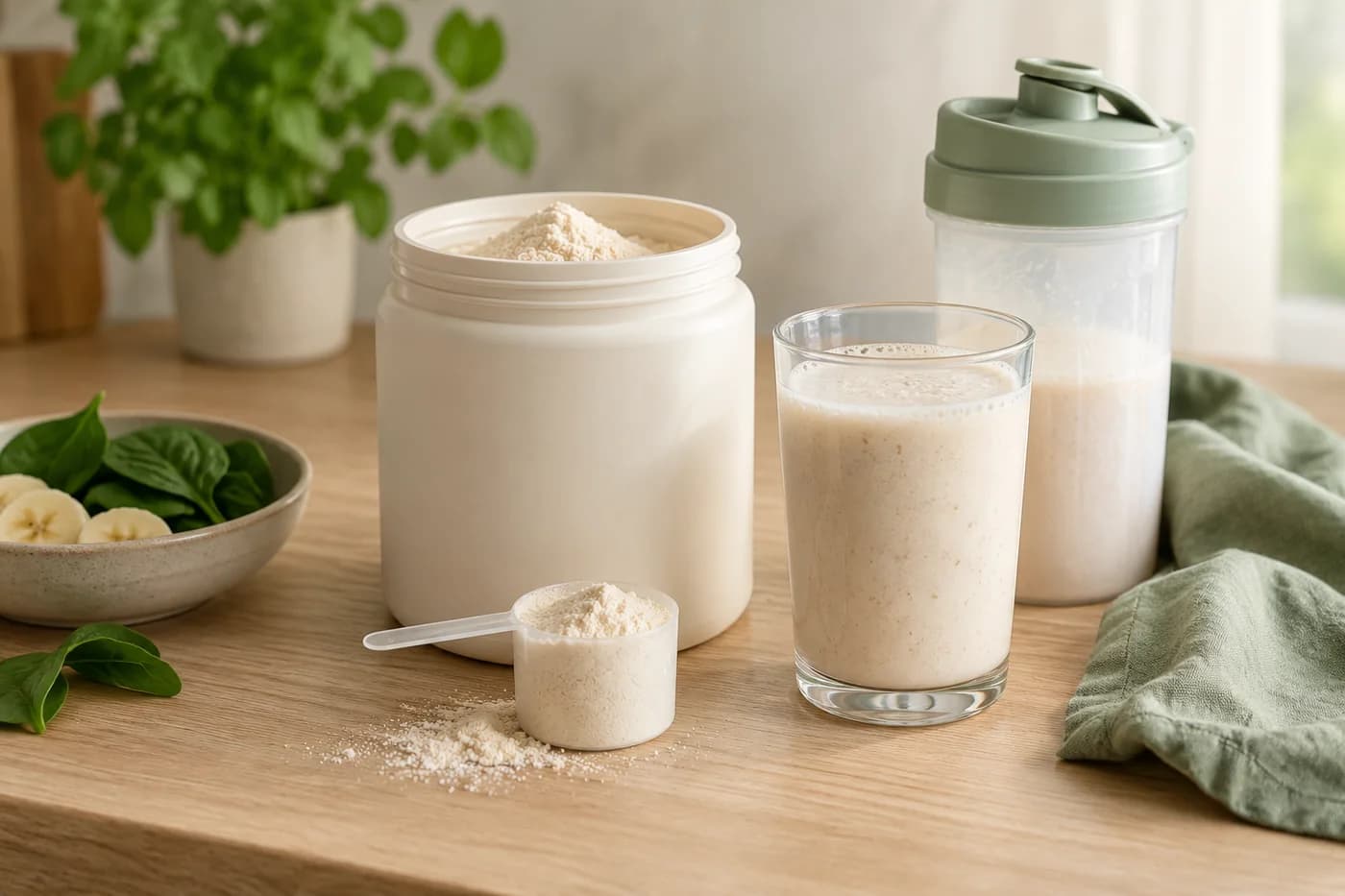 Unbranded protein powder container, scoop, smoothie glass and sage shaker on an oak counter