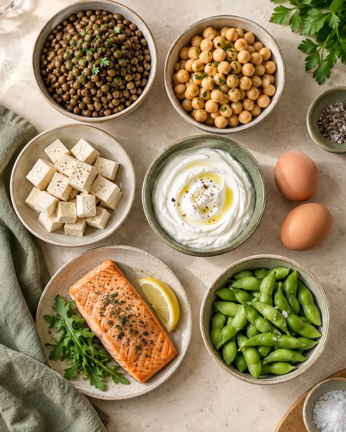 Lentils, chickpeas, tofu, yogurt, eggs, salmon and edamame arranged as everyday protein choices