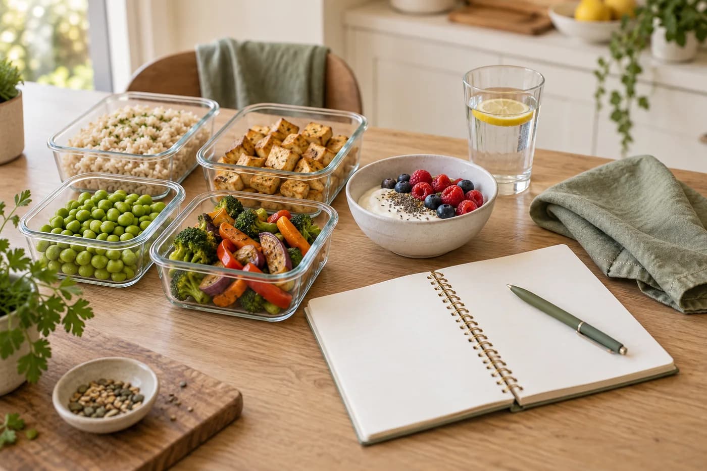 Tofu, rice, edamame and vegetables in meal containers beside a notebook and yogurt