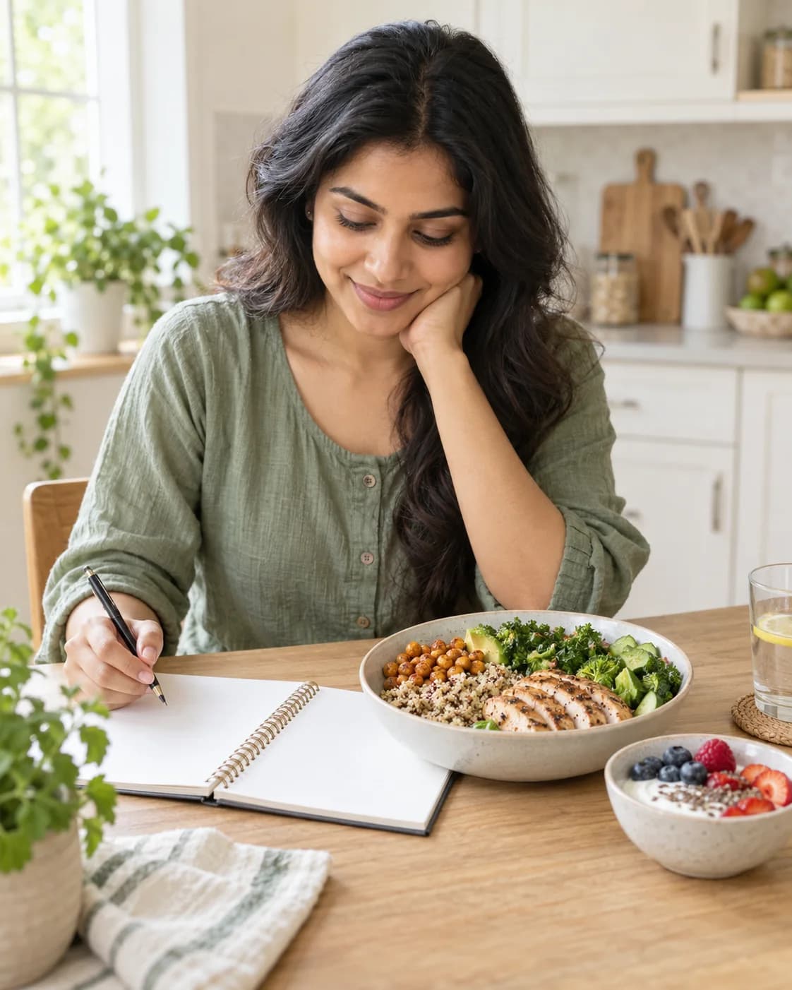 Woman planning meals with a notebook, a balanced chicken bowl and yogurt in a sunny kitchen