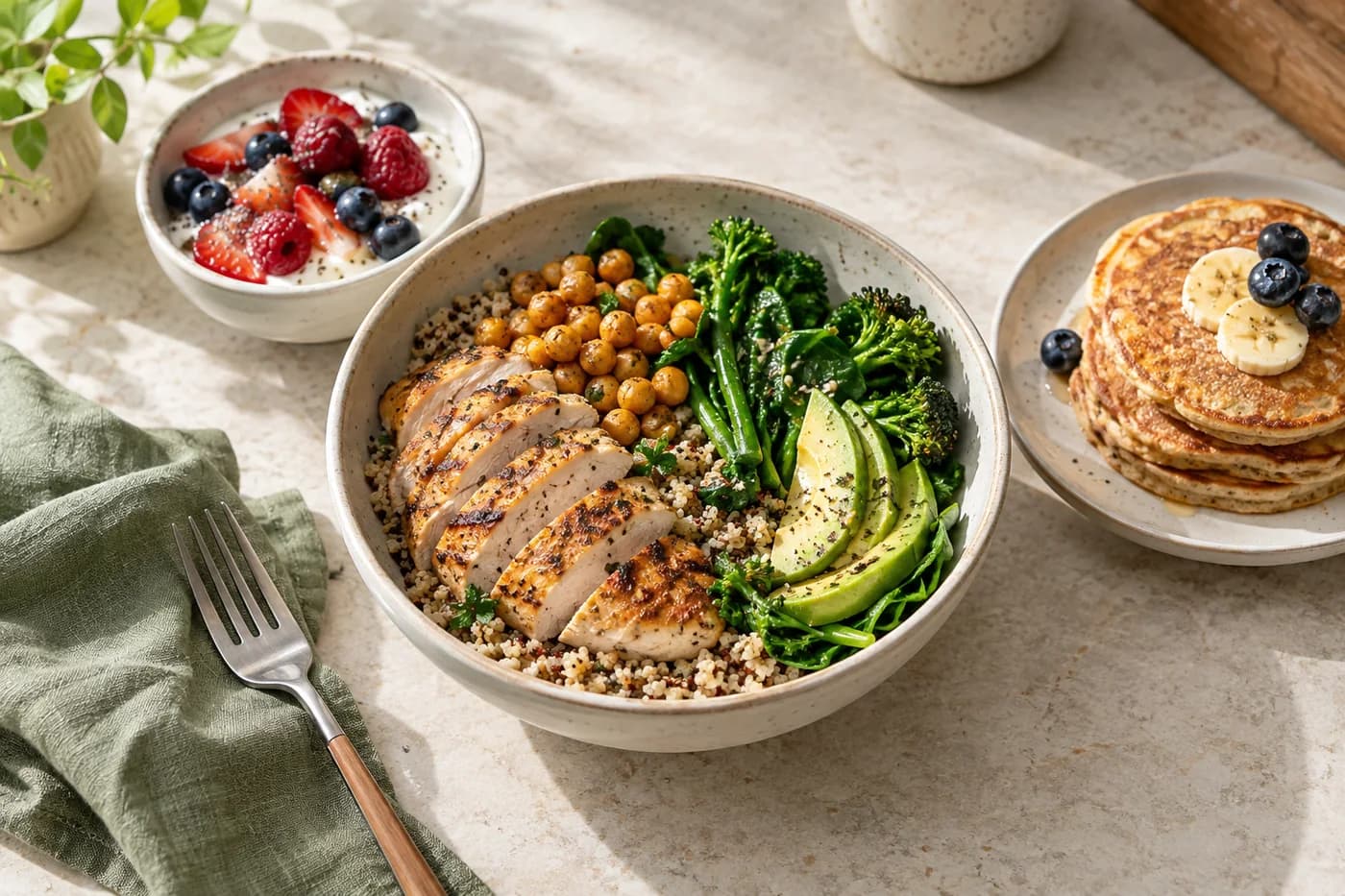 Grilled chicken and chickpea bowl beside yogurt with berries and oat pancakes