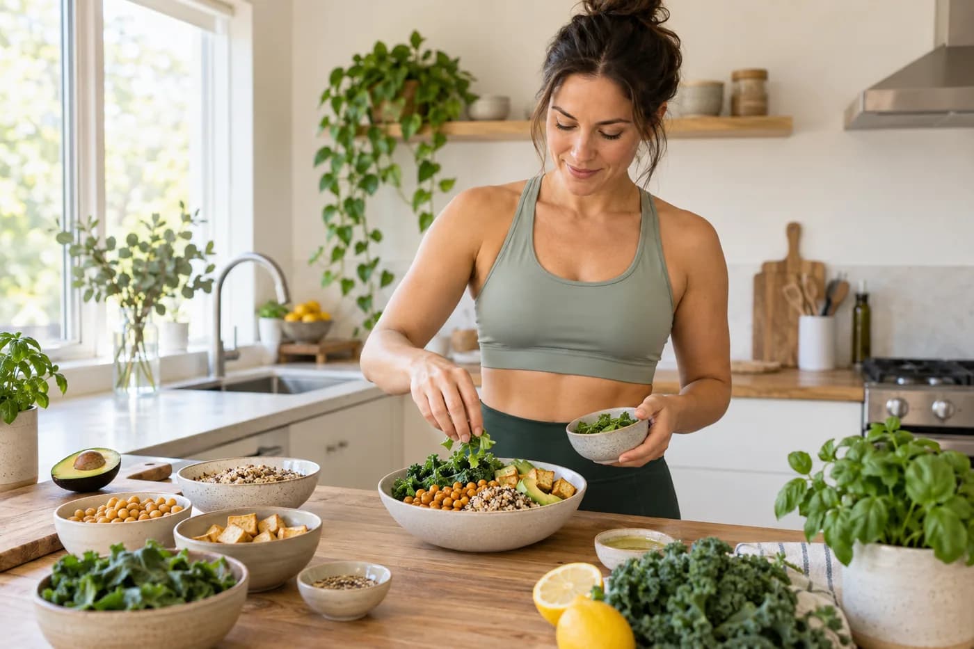 Woman in gym wear preparing a balanced tofu, chickpea and quinoa lunch