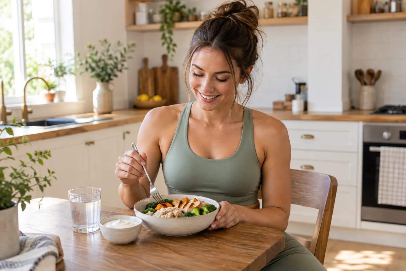 Woman in sage gym wear enjoying a balanced chicken, rice and vegetable meal after exercise