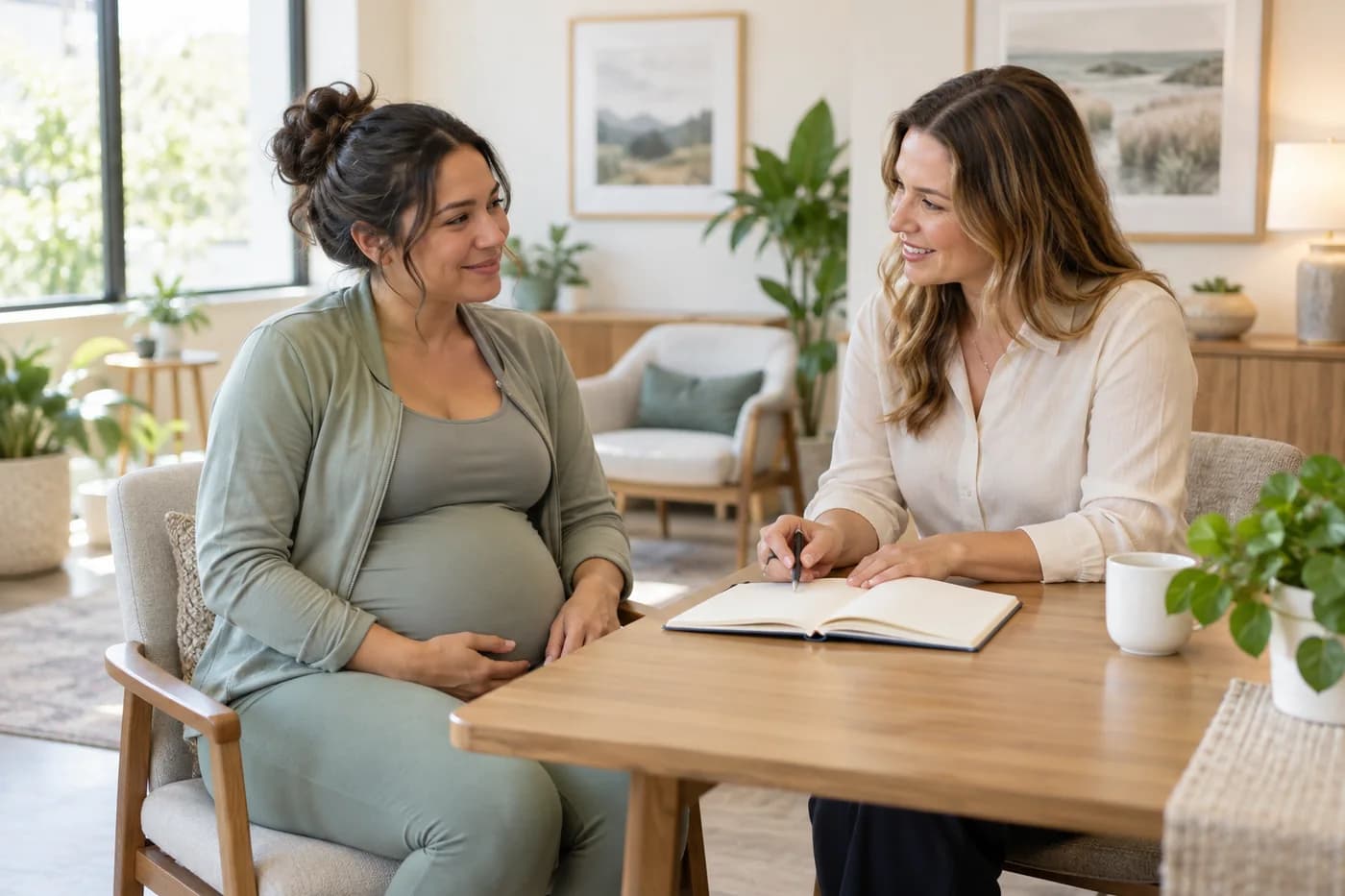 Pregnant woman discussing nutrition questions with another adult