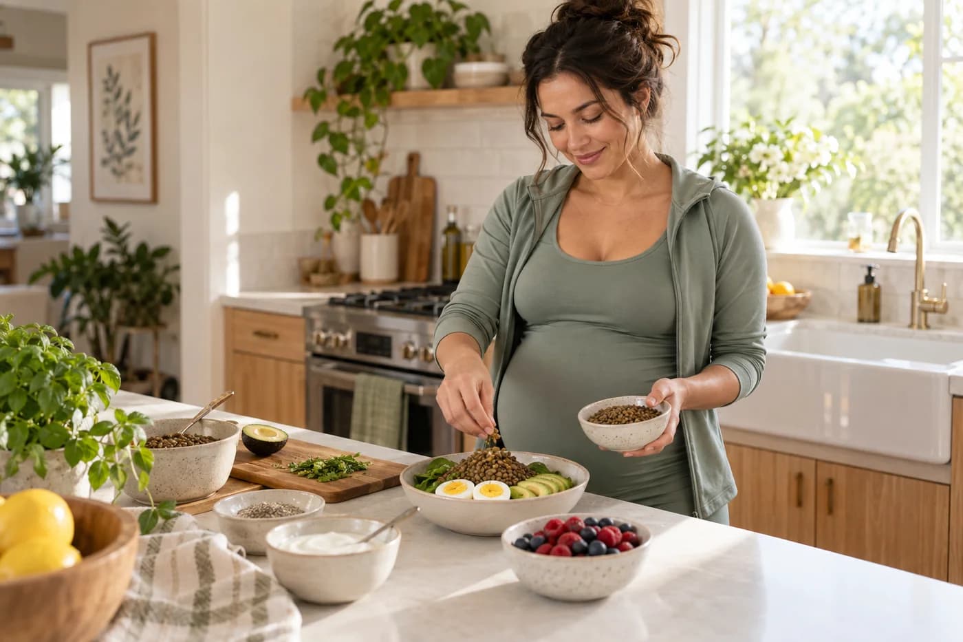 Pregnant woman preparing a cooked meal with lentils, eggs, yogurt, and berries