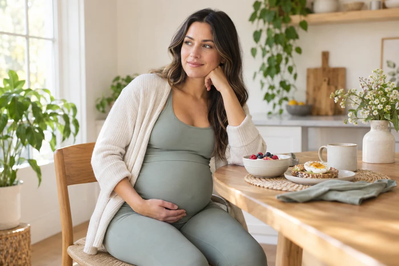 Pregnant woman resting at a bright kitchen table with a simple meal
